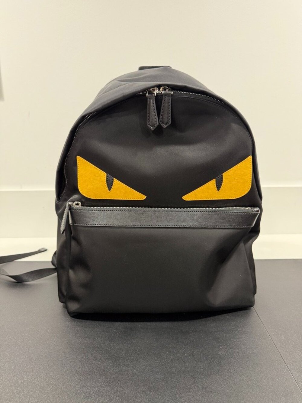New Fendi Monster Eyes Black Nylon Backpack Yellow Leather Eyes